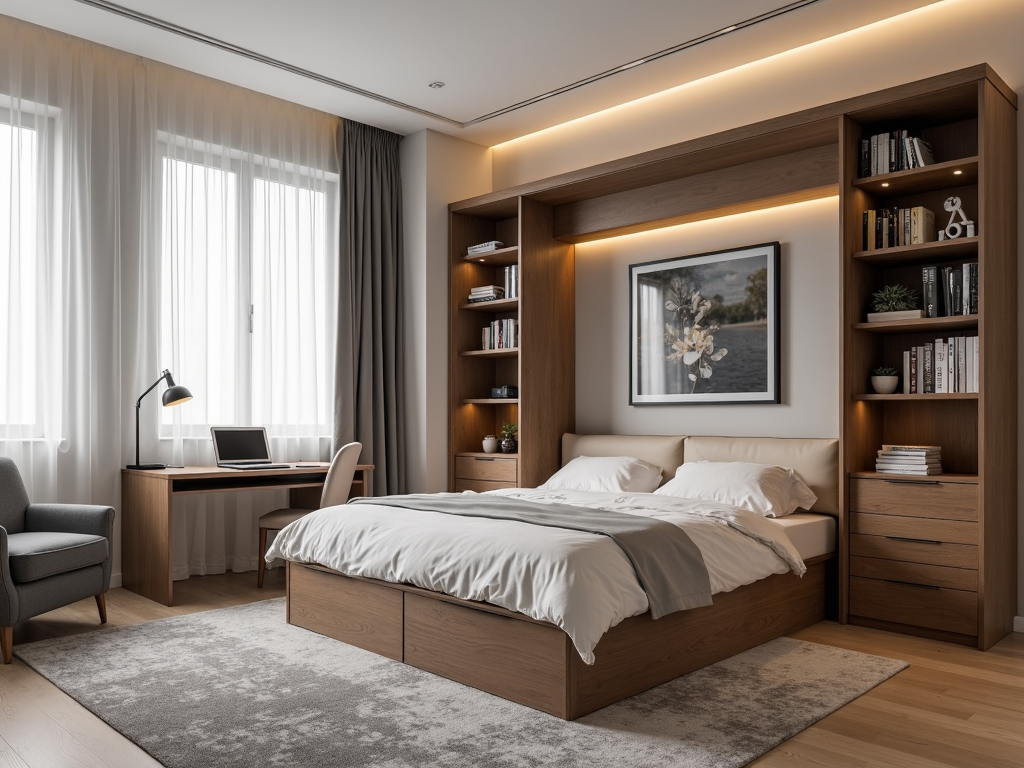 Bedroom with Murphy bed folded up, showing a spacious living area.