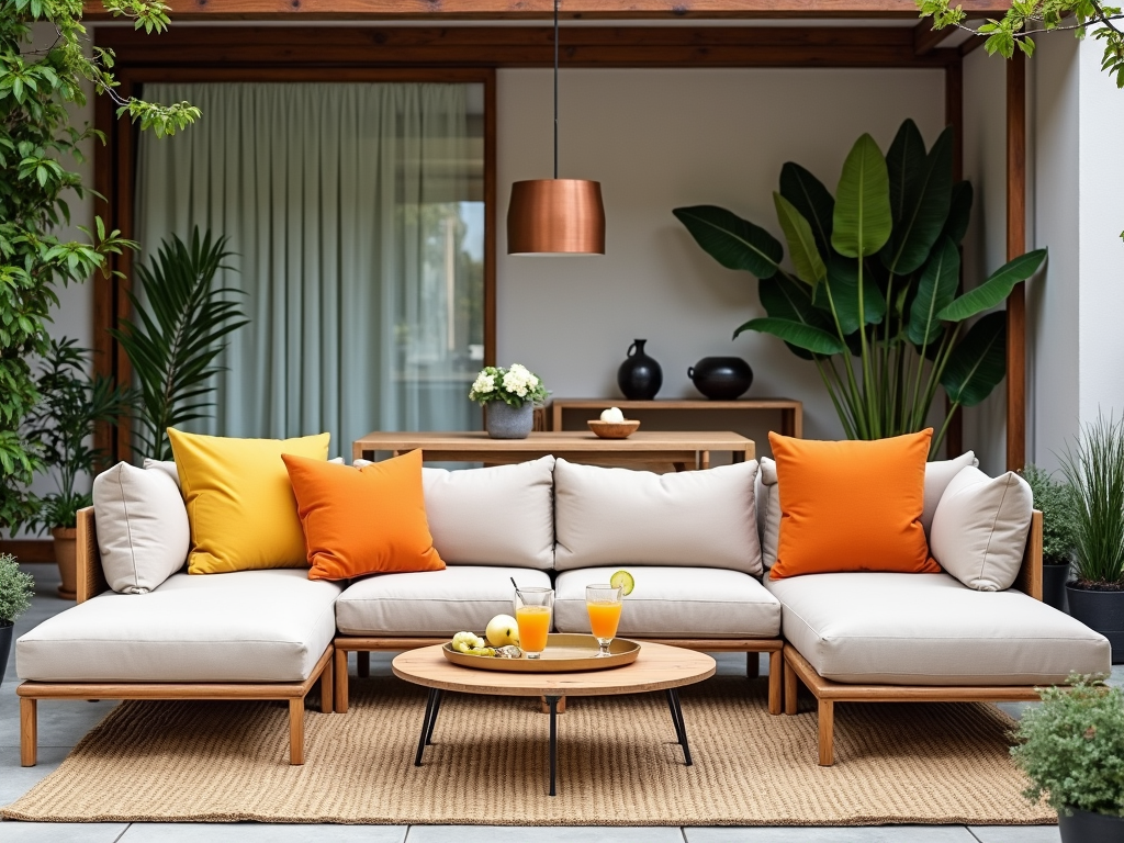 Stylish outdoor living area with modular sofa and colorful cushions