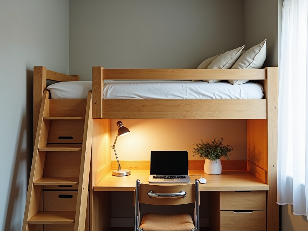 A wooden loft bed with a desk underneath, perfect for a tiny bedroom.