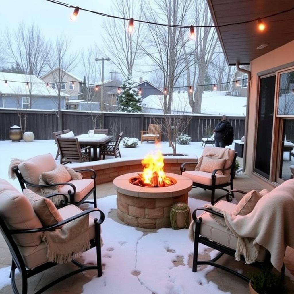 Winter-ready patio with fire pit, cushioned chairs, blankets, and string lights in a snowy backyard.