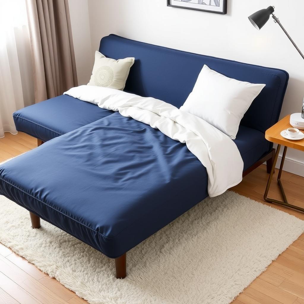 Navy blue floral futon unfolded as a bed in a small living room with a wooden side table and cozy setup.