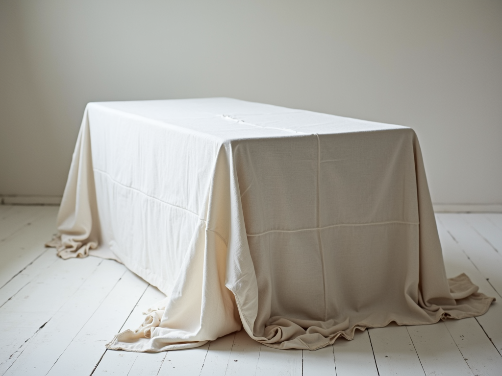 Antique table stored under a cotton sheet.