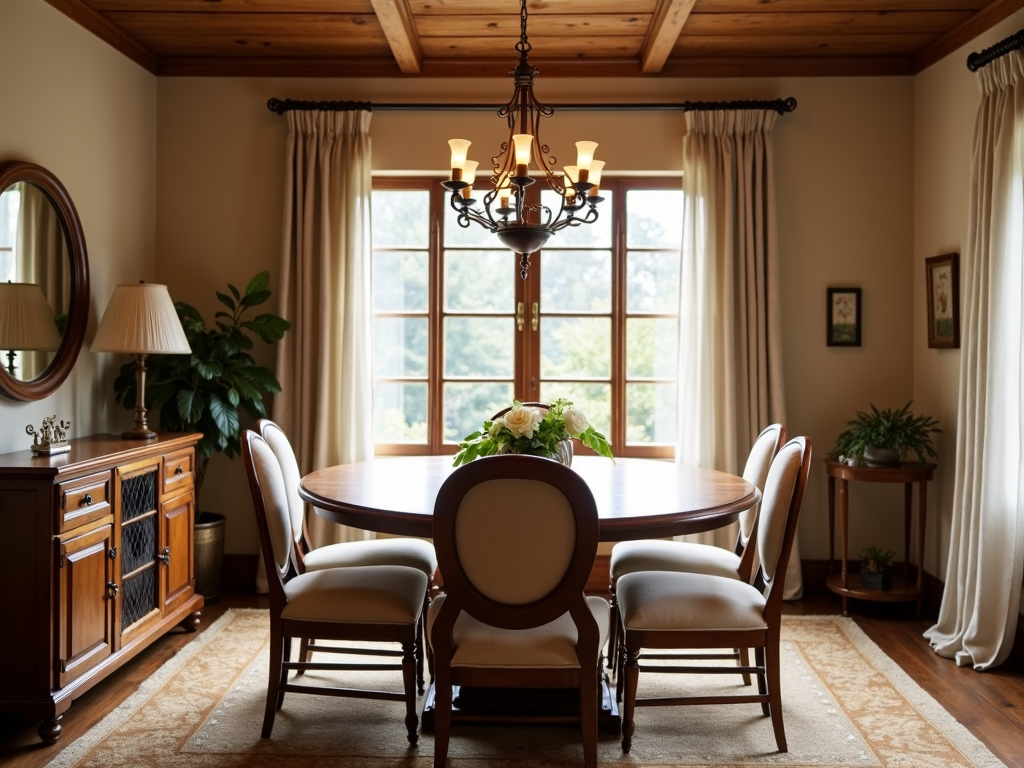 A warm dining room with a round wooden table and cushioned chairs