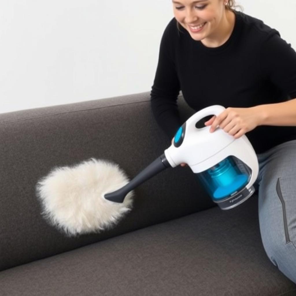 Cleaning a fabric sofa with a portable upholstery cleaner
