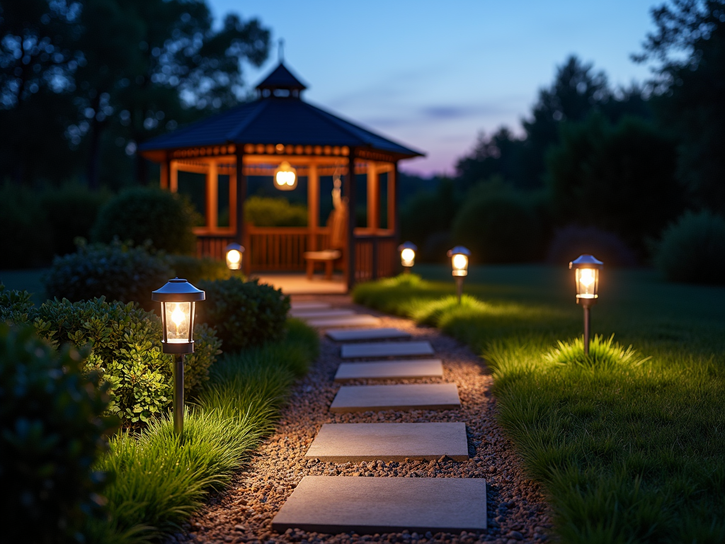 A garden pathway illuminated by solar lights and a lantern-lit gazebo.