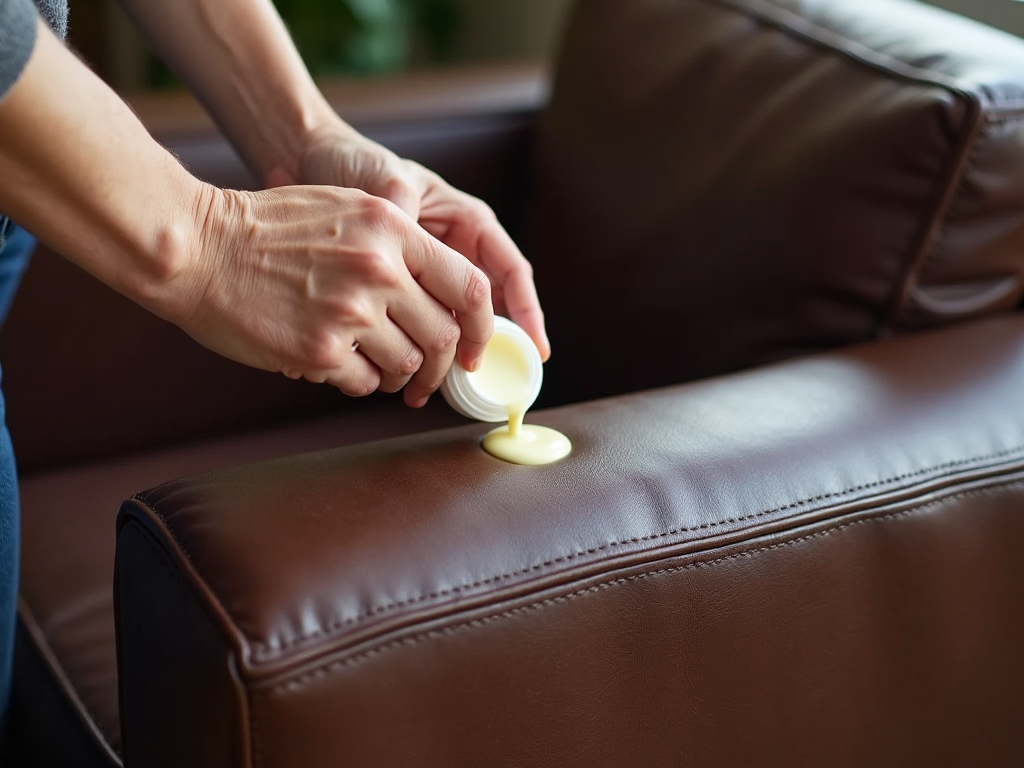 Applying leather conditioner to a recliner.