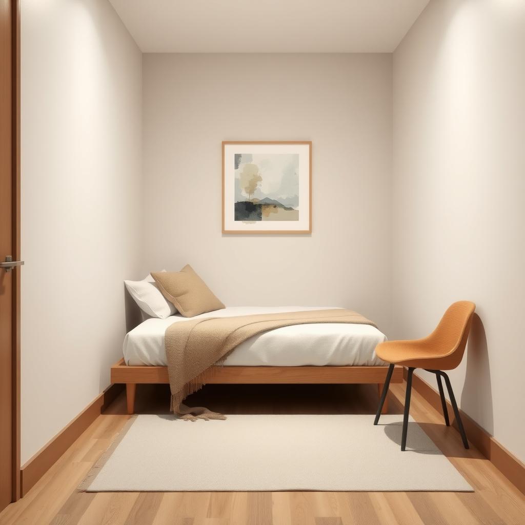 Minimalist small guest room with a cozy bed, abstract artwork, and a small chair.