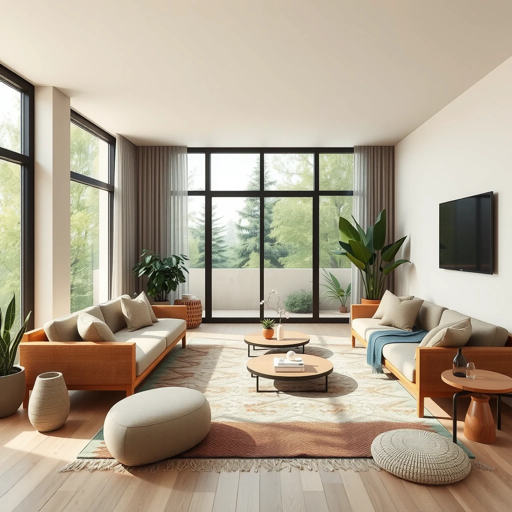Modern minimalist living room with natural materials and plants embodying 2025 interior trends