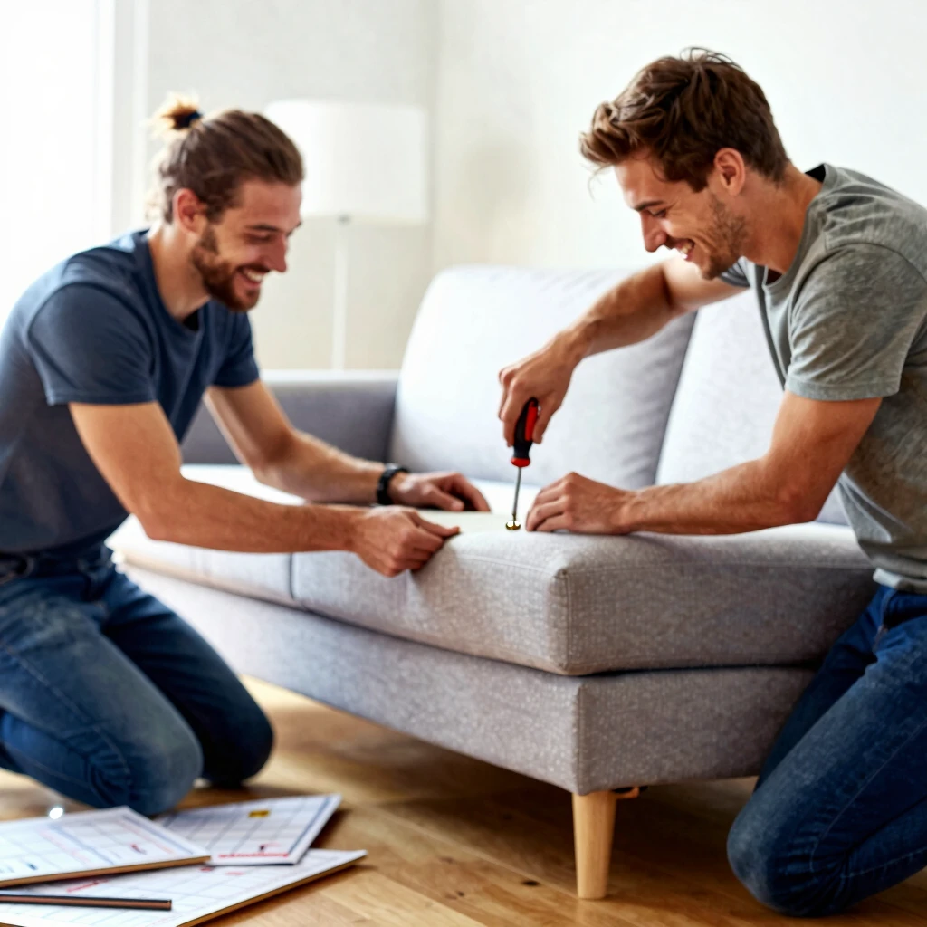 Couple assembling a sofa with ease