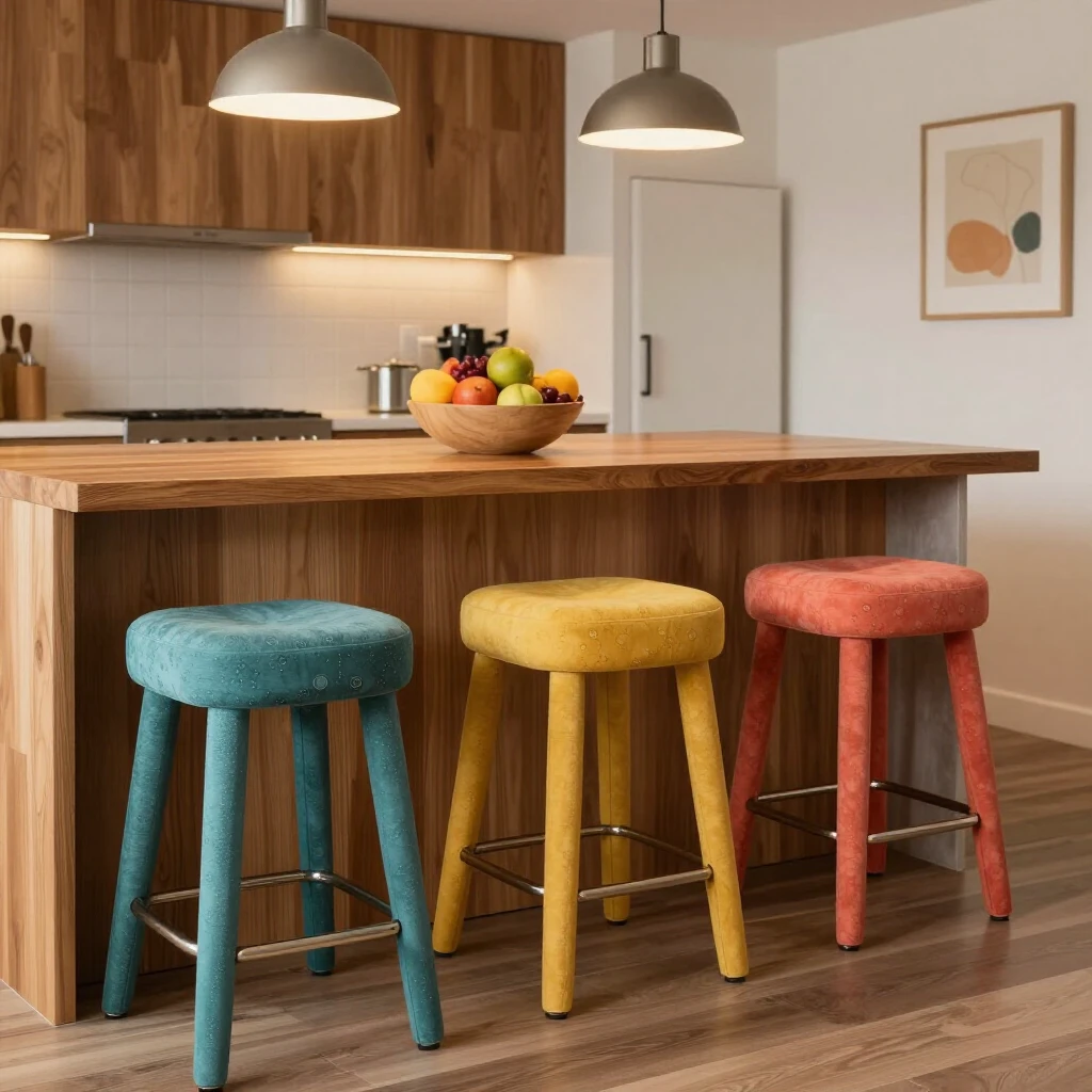 Colorful bar stools enhancing a vibrant kitchen island