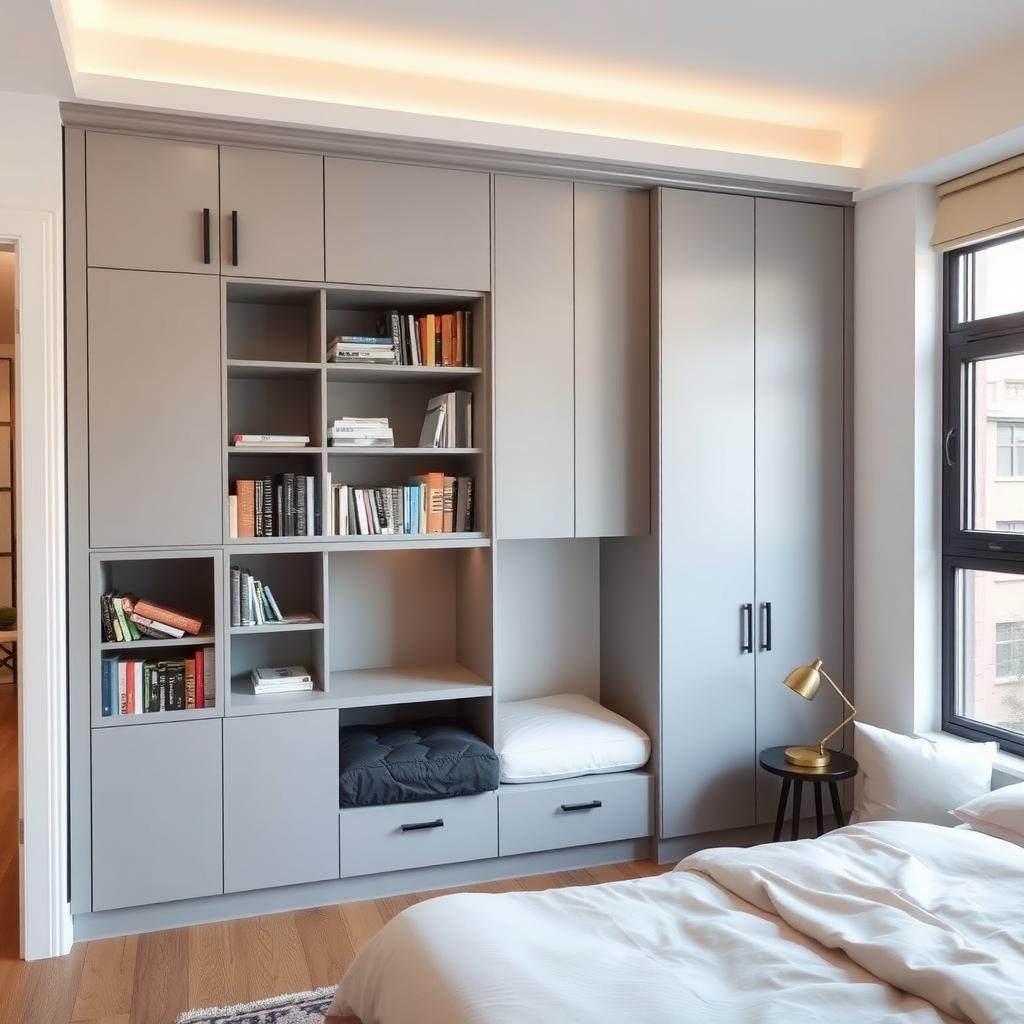 Small apartment bedroom with a wall-mounted modular cabinet and fold-out bed.