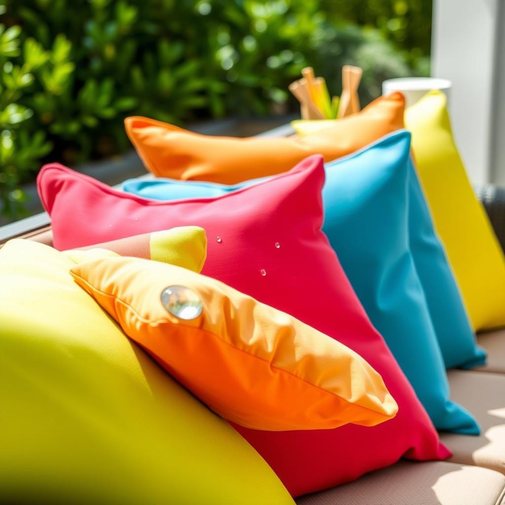 Colorful outdoor cushions on a patio sofa, surrounded by greenery, with water droplets highlighting their weather-resistant fabric.