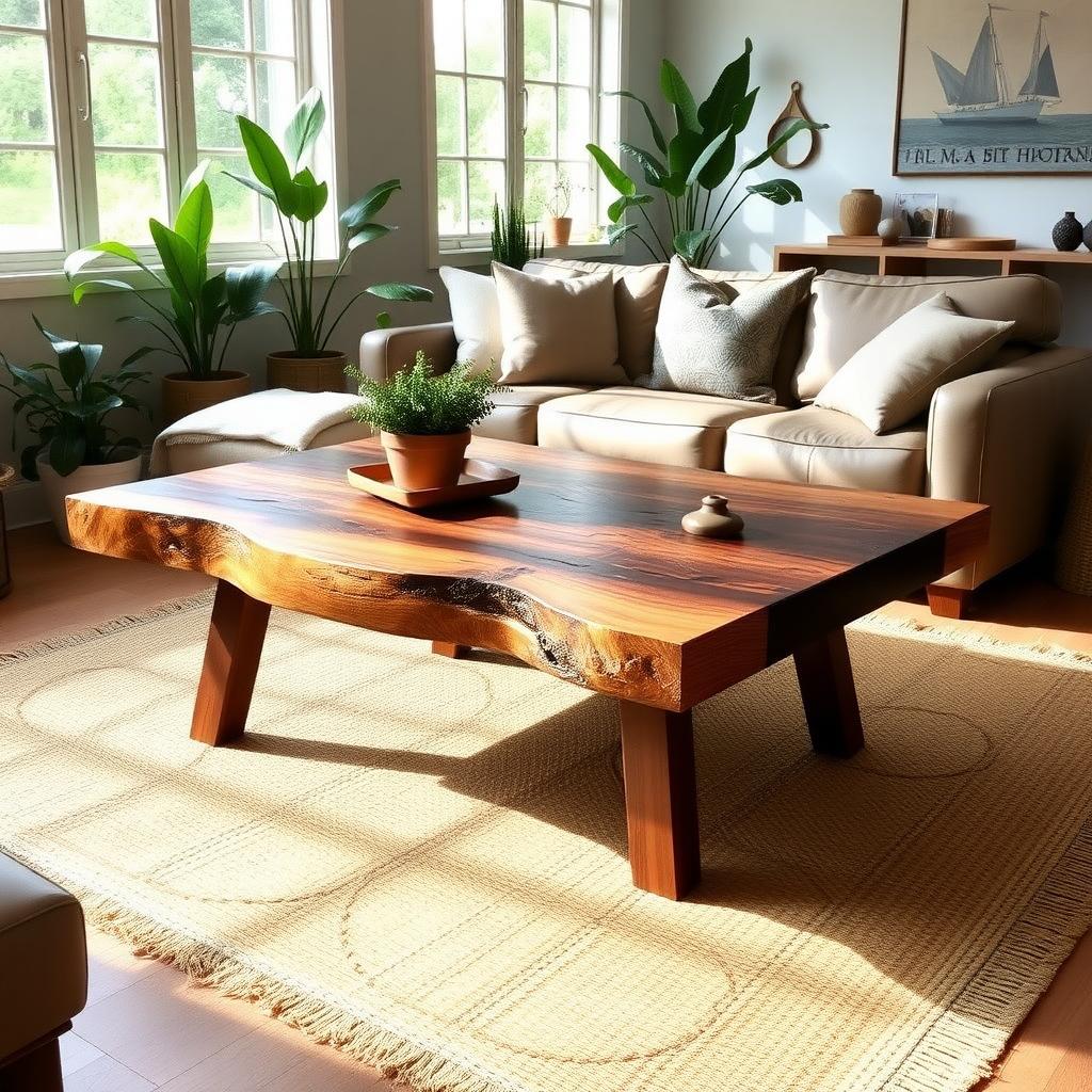 Cozy living room with a reclaimed wood coffee table and vegan leather sofa