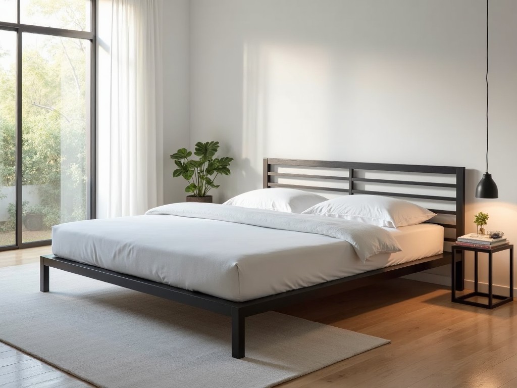 A modern metal bed frame in a styled bedroom, highlighting its sleek design and sturdy build.