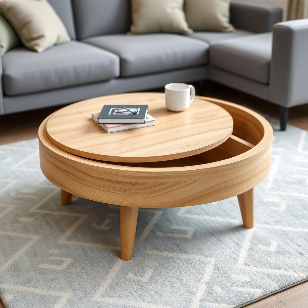 Round wooden coffee table with lift-top storage in a small living room, featuring books and a mug on a gray rug.