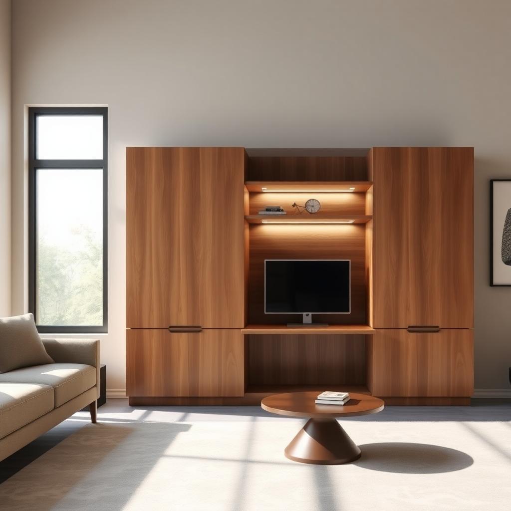 Modern living room with a minimalist wooden cabinet, fold-out desk, and LED lighting.