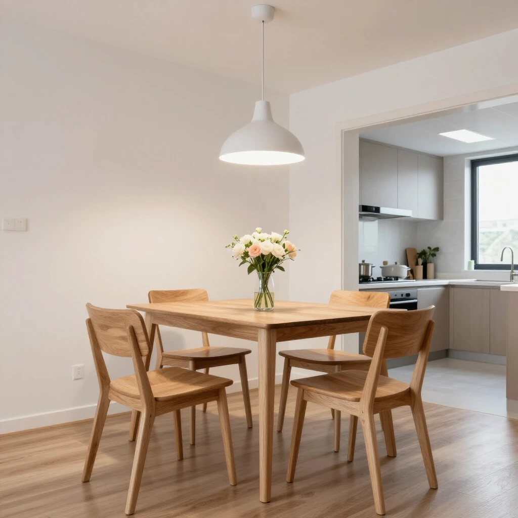 Modern dining area with wooden table and chairs in bright space