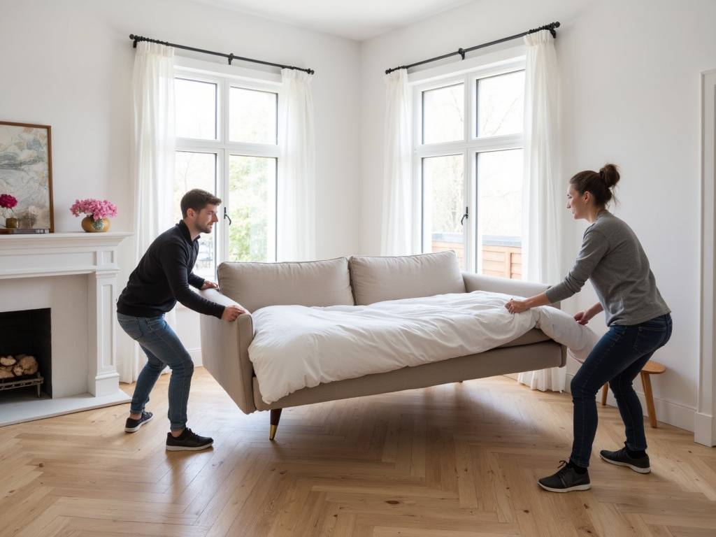 Teamwork lifting assembled sofa