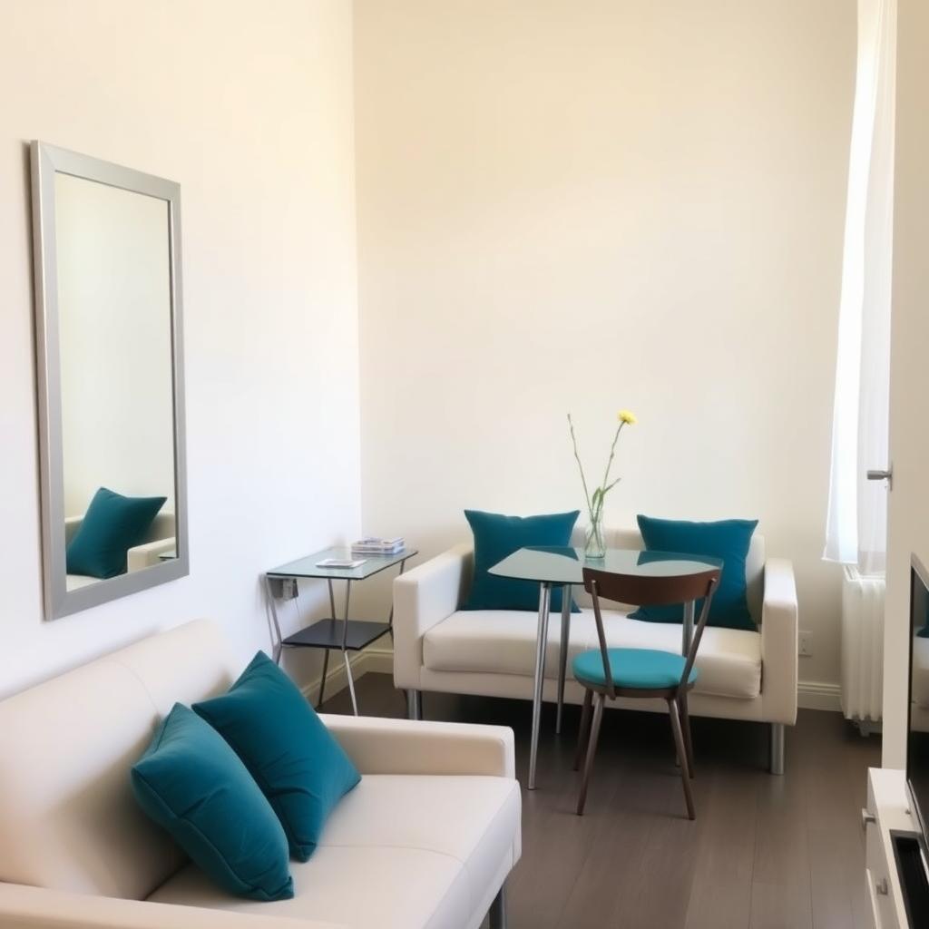 Bright studio apartment with ivory walls, mirror, and teal accents.