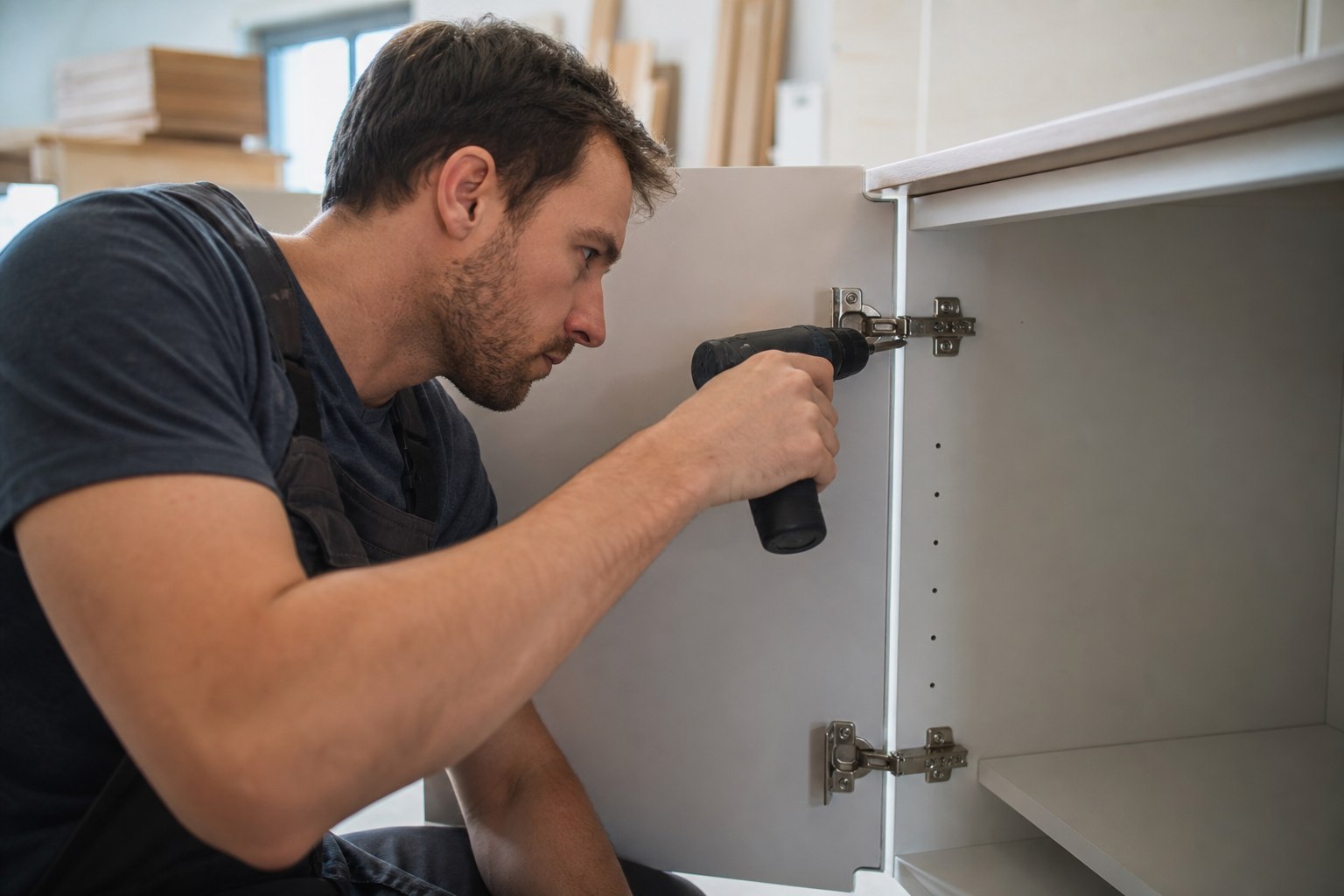 Installing hinges in advanced cabinet assembly
