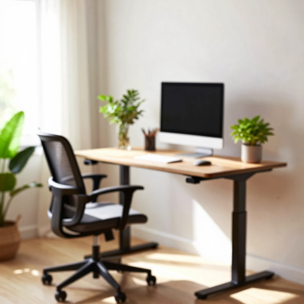 Cozy ergonomic home office setup in a living room