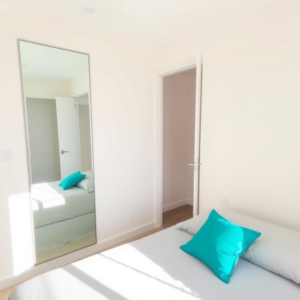 Small bedroom with creamy white walls and a teal accent cushion