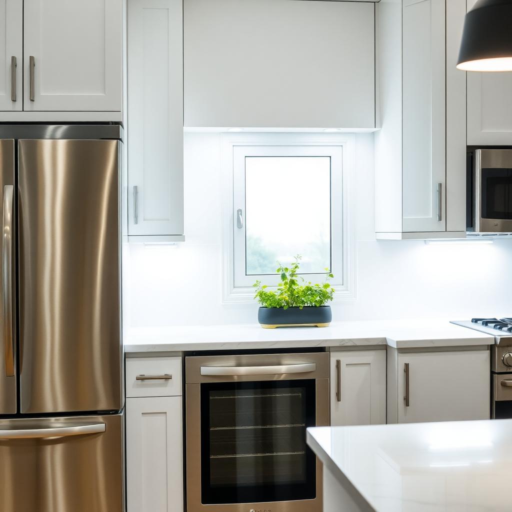 Modern kitchen with bright cool white LED bulbs illuminating white marble countertops and stainless steel appliances.