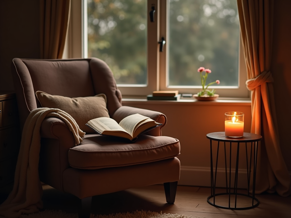 A cozy reading nook with soft decor and warm lighting.