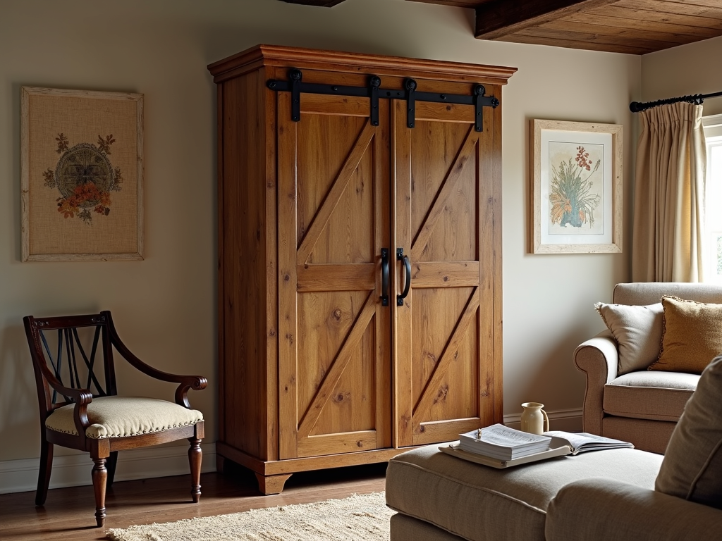 A rustic wooden armoire with barn doors in a cozy living room.