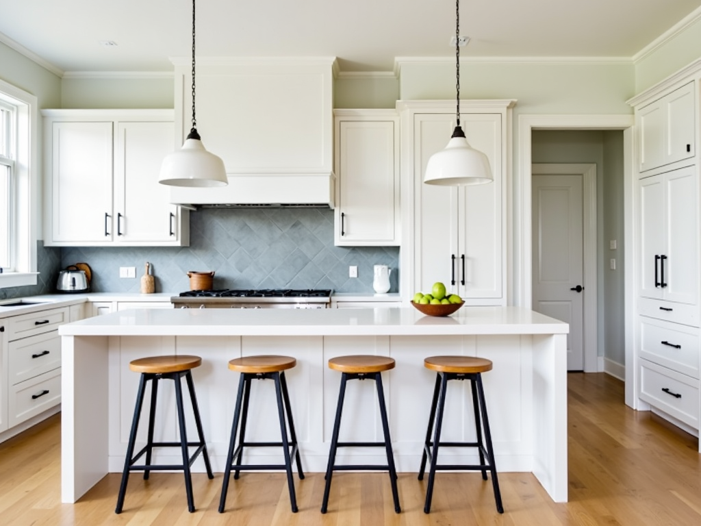 A kitchen island with bar stools.