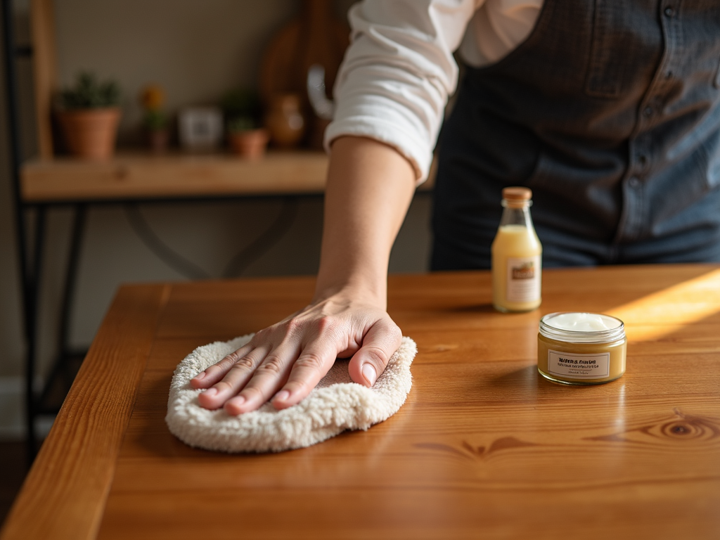 Polishing a wooden table with natural ingredients.
