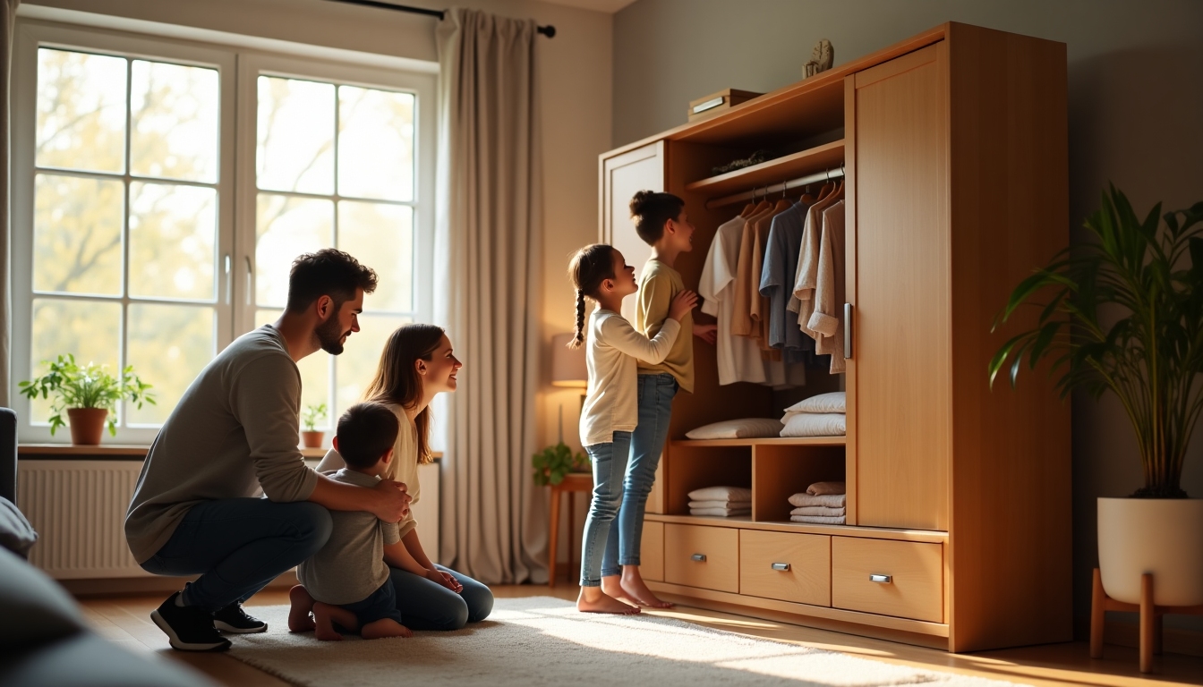 A smiling family admiring their multifunctional armoire in the living room.