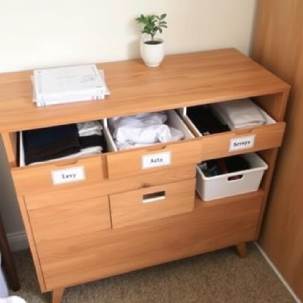 A modern six-drawer dresser with organized compartments and a small plant on top in a cozy bedroom.