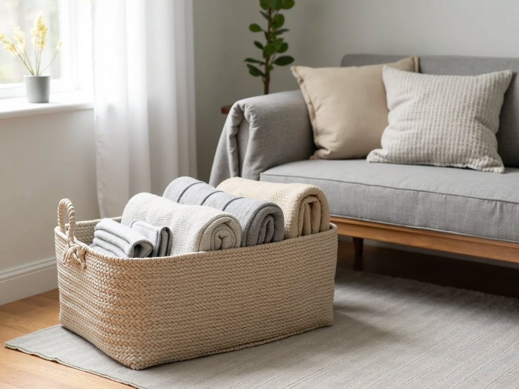 Stylish storage basket in a living room