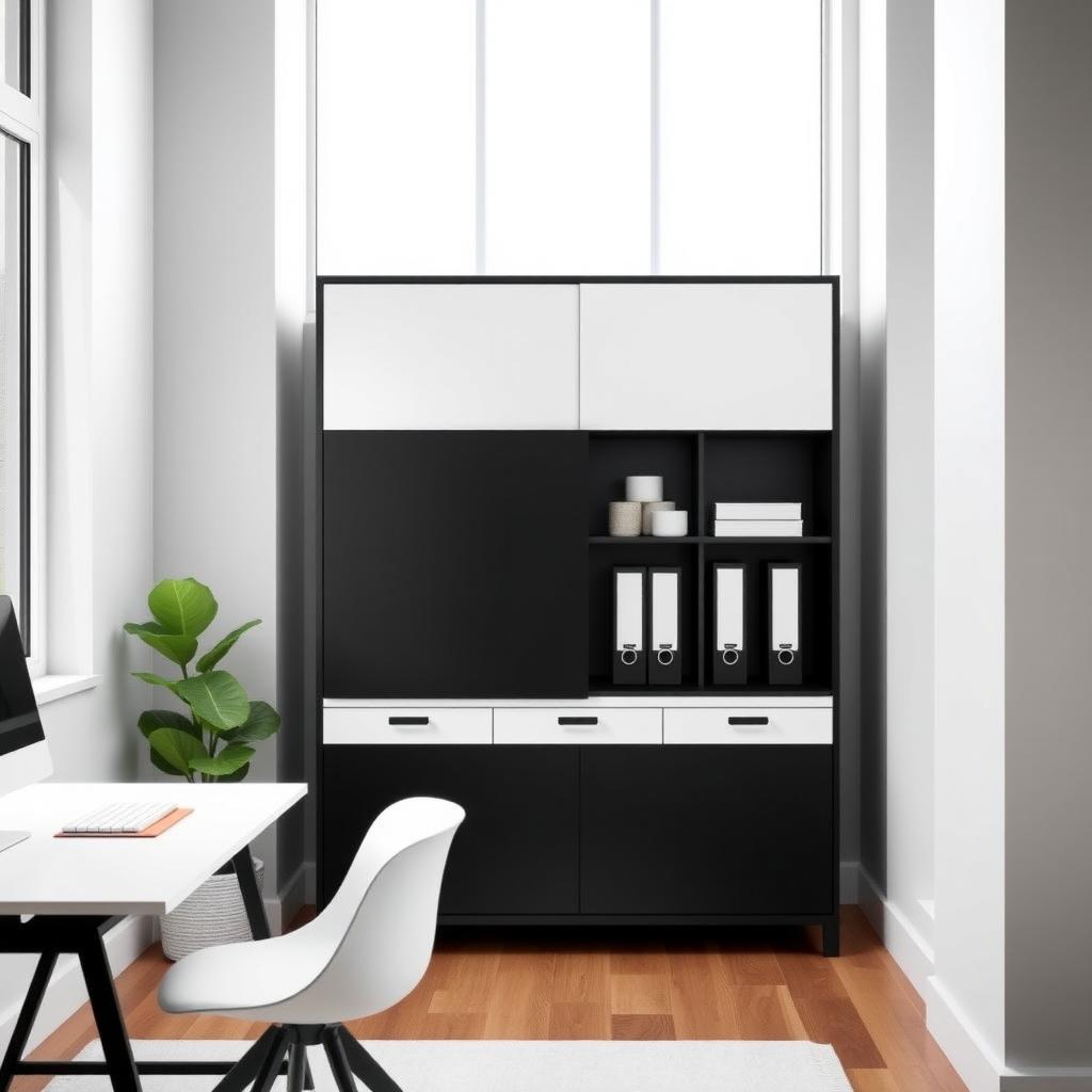 Matte black minimalist armoire in a small home office with organized supplies and a green plant.