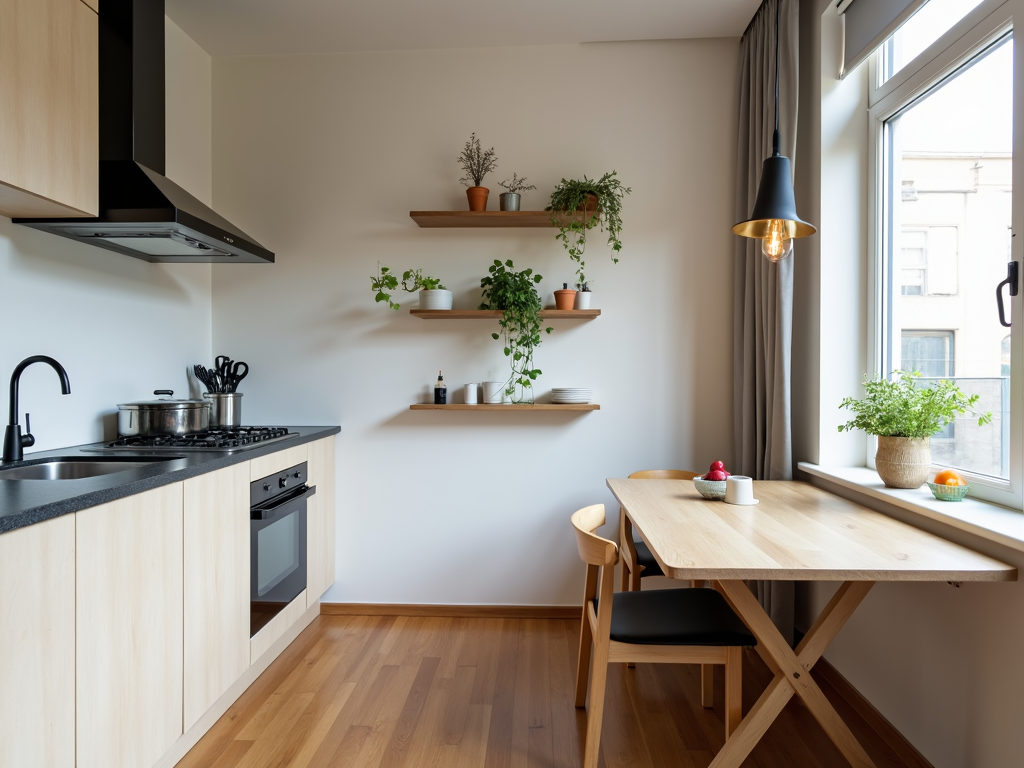 Small kitchen with foldable table and wall shelves