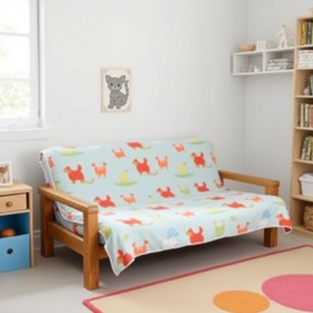 A child’s room with a futon featuring a fun, playful cover design.