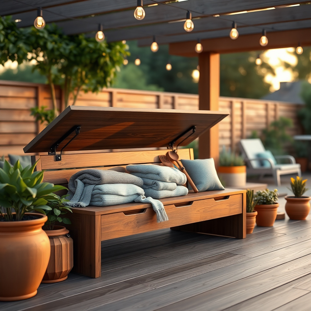Sunset view of a multifunctional storage bench enhancing a modern patio setup