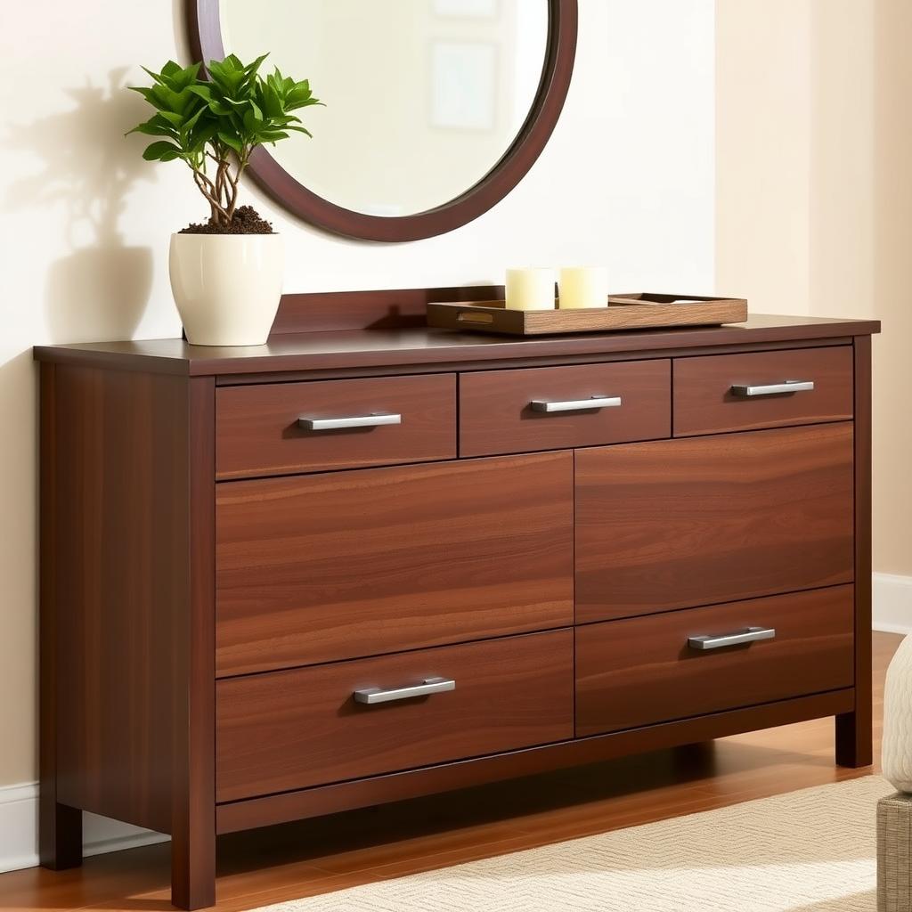 Dark walnut dresser with a mirror and decorative items in a stylish bedroom