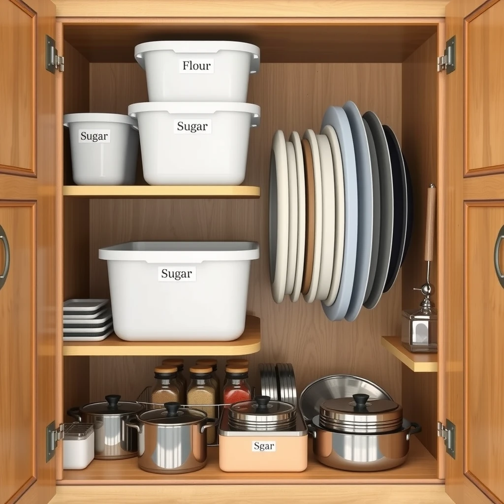 Inside view of efficiently organized kitchen cabinets