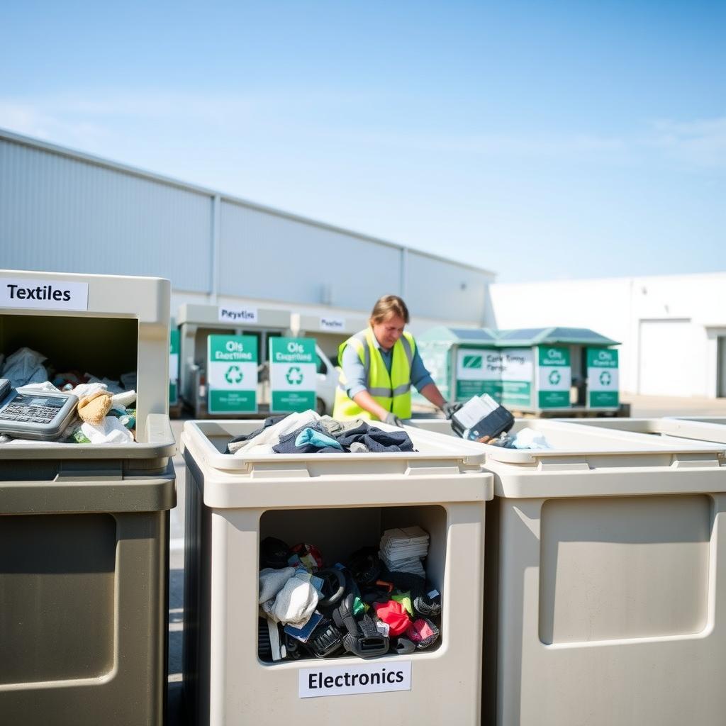 A recycling center with labeled bins for textiles, electronics, and plastics.