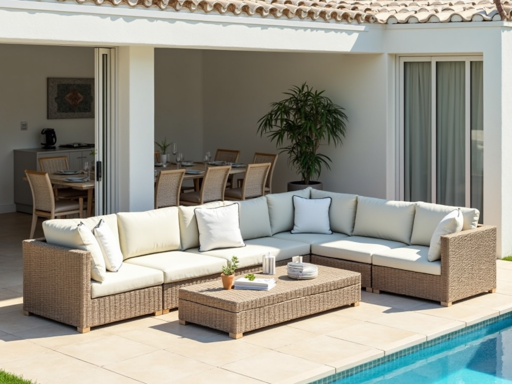 Small patio with light-colored furniture and defined zones