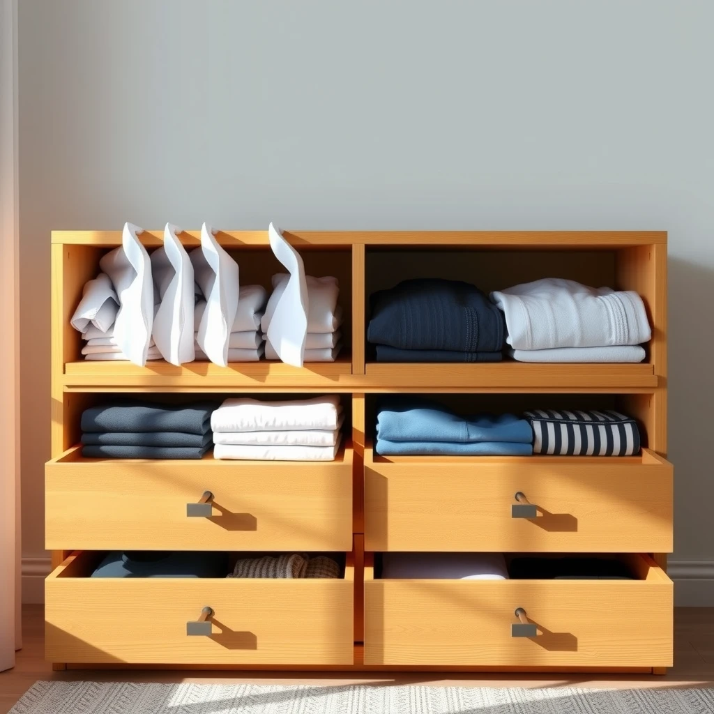 Neatly organized six-drawer dresser with open drawers showing vertically folded clothes