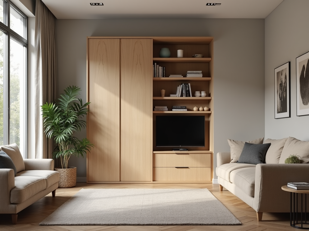 A slim, vertical cabinet with sliding doors in a living room.