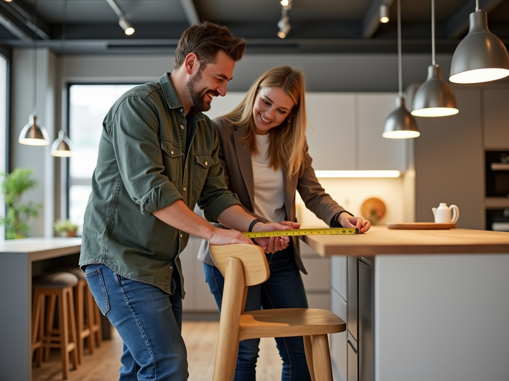 Couple measuring a bar stool in a furniture store.