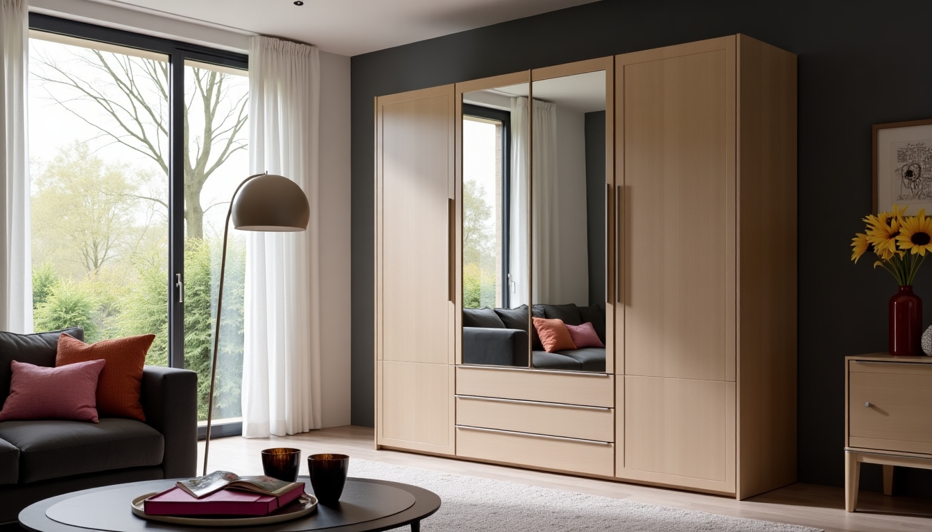 A modern armoire with closed doors in a stylish living room, showcasing its elegant design.