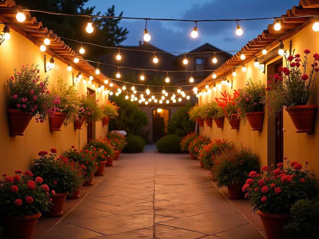 A patio with versatile lighting and vertical plant arrangements
