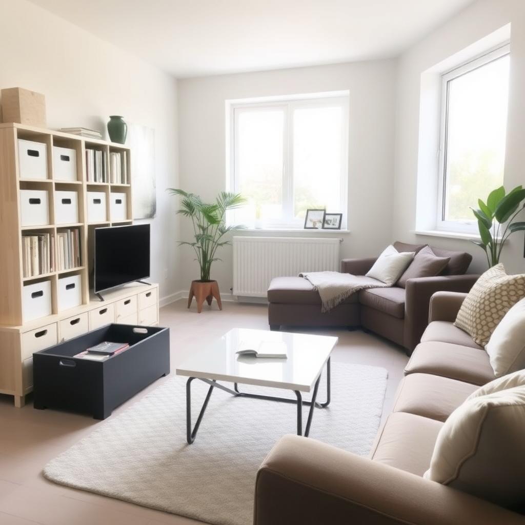 A minimalist living room with organized bookshelf, hidden storage coffee table, and cozy sofa.