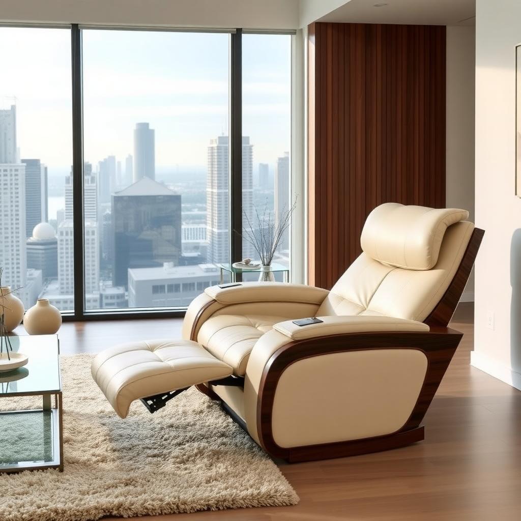 Modern living room featuring a luxurious cream leather recliner with walnut wood accents.