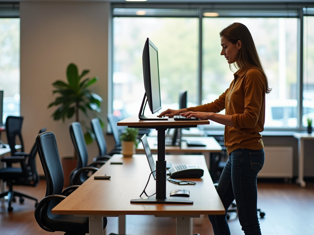 A person using a height-adjustable standing desk